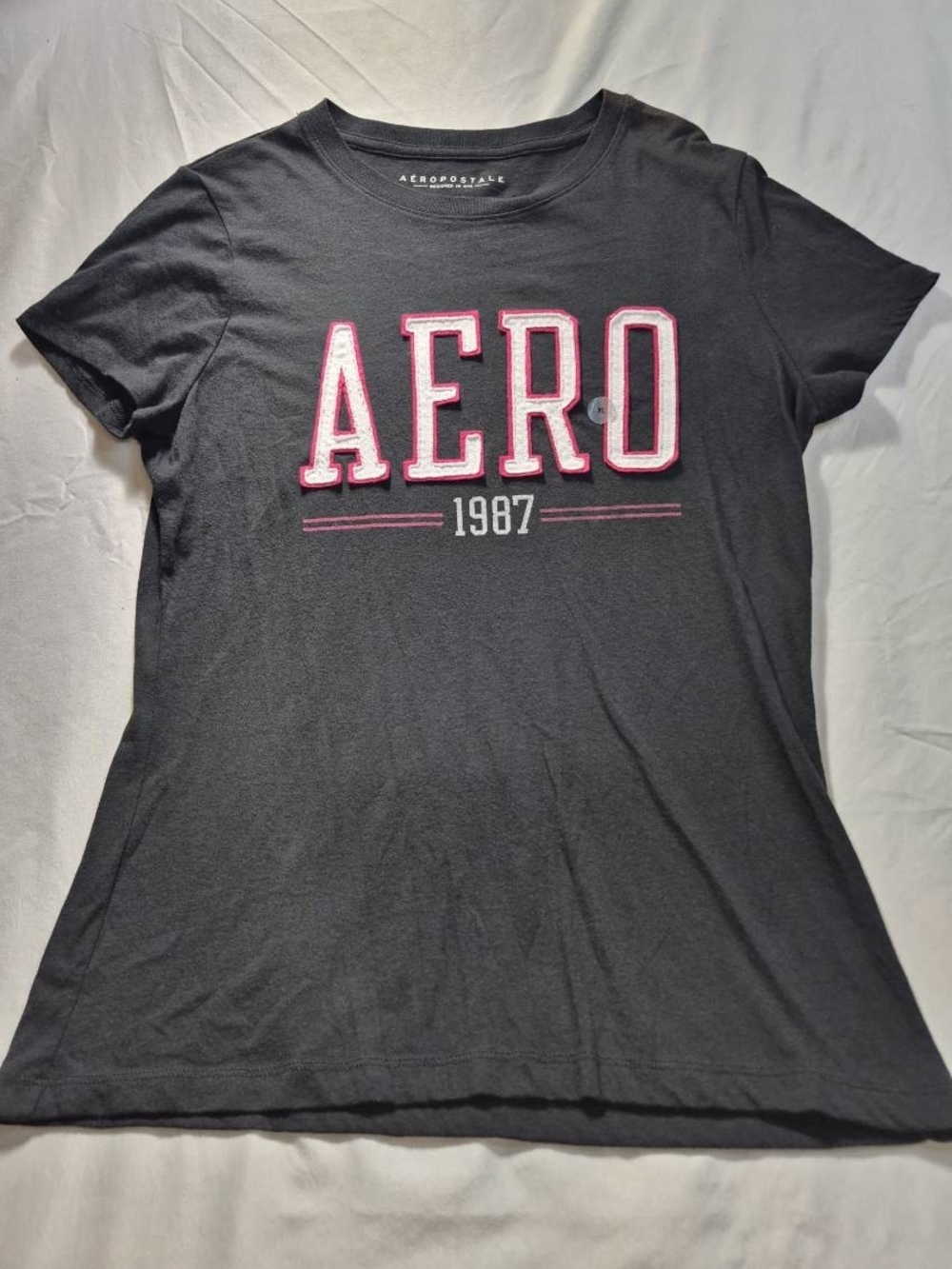 Aeropostale Black Short Sleeve 'AERO 1987' Graphic Tee with Pink Trim